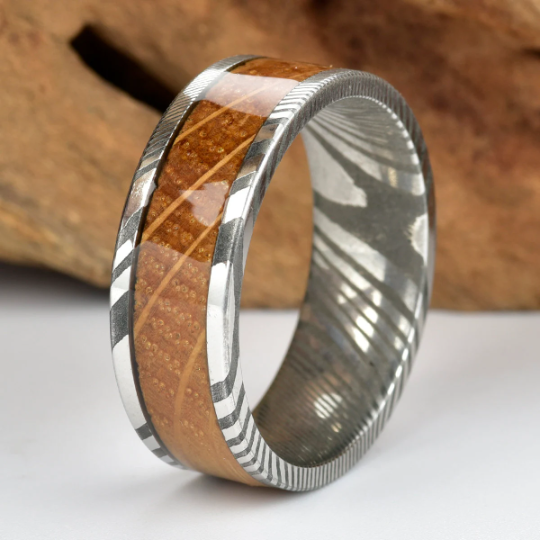 Damascus Whiskey Barrel Wood Men's Wedding Band 8MM - PRISTINE RINGS