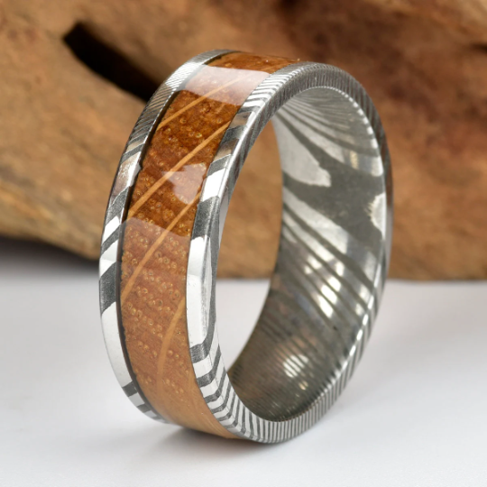 Damascus Whiskey Barrel Wood Men's Wedding Band 8MM