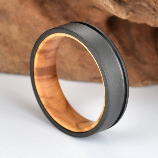 Olive Wood Black Titanium Women's Wedding Band 4MM - PRISTINE RINGS
