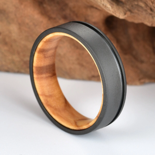 Olive Wood Black Titanium Women's Wedding Band 4MM