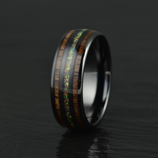 Yellow Opal Koa Wood Black Ceramic Men's Wedding Band 8MM