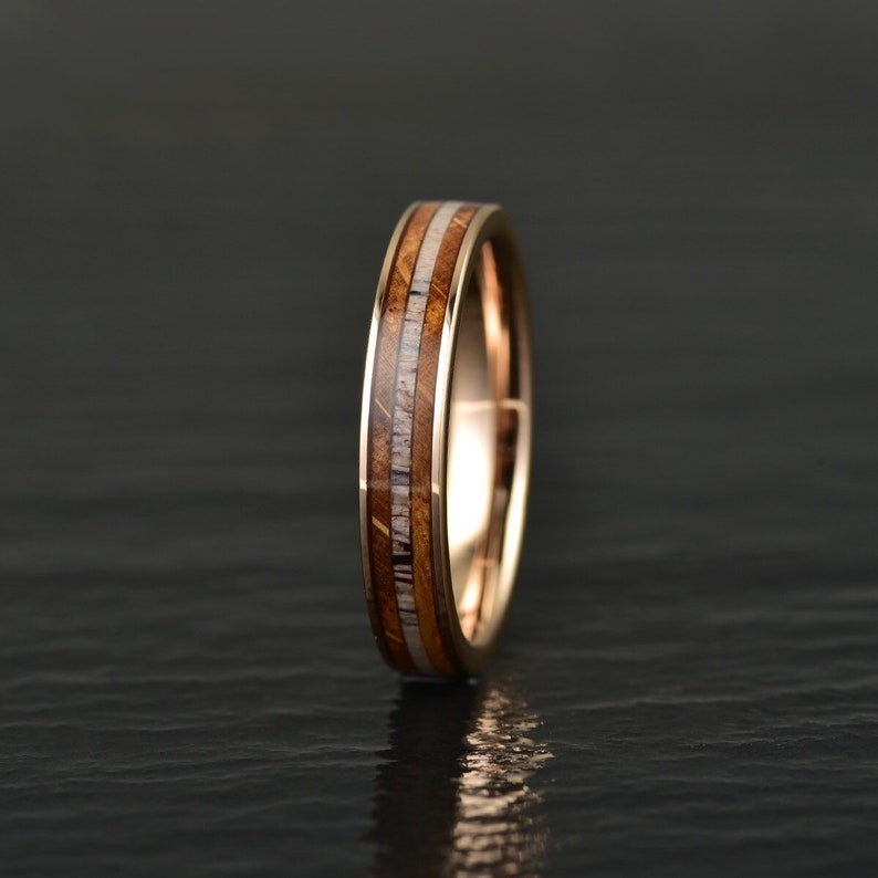 Rose Tungsten Whiskey Barrel Antler Women's Wedding Band 4MM - PRISTINE RINGS