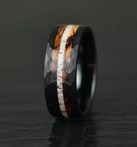 Black Hammered Tungsten Charred Whiskey Barrel Men's Wedding Band