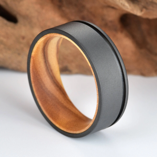 Olive Wood Black Titanium Wedding Band 8MM