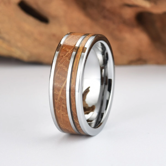 Tungsten Whiskey Barrel Wood Men's Wedding Band 8MM - PRISTINE RINGS