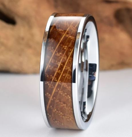 Whiskey Barrel Tungsten White Oak Wood Polish Finish Men's Wedding Band - PRISTINE RINGS