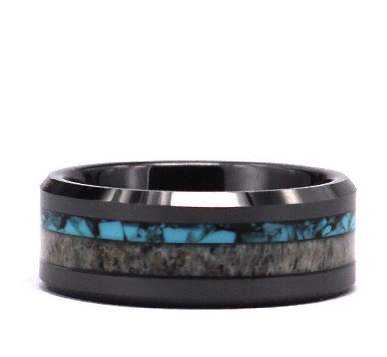 Deer Antler Turquoise Black Tungsten Men's Wedding Band 8MM - PRISTINE RINGS