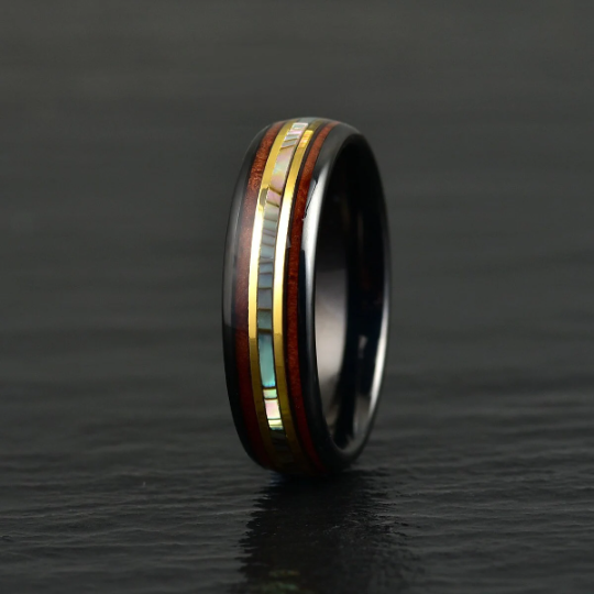 Tungsten Abalone Shell Koa Wood Women's Wedding Band 6MM - PRISTINE RINGS