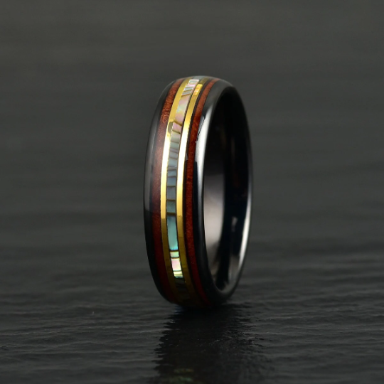 Tungsten Abalone Shell Koa Wood Women's Wedding Band 6MM