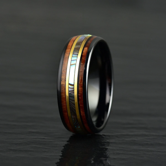 Tungsten Abalone Shell Koa Wood Men's Wedding Band 8MM - PRISTINE RINGS