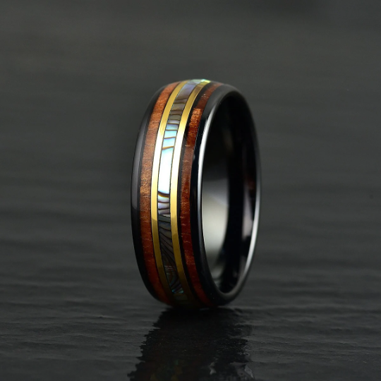 Tungsten Abalone Shell Koa Wood Men's Wedding Band 8MM