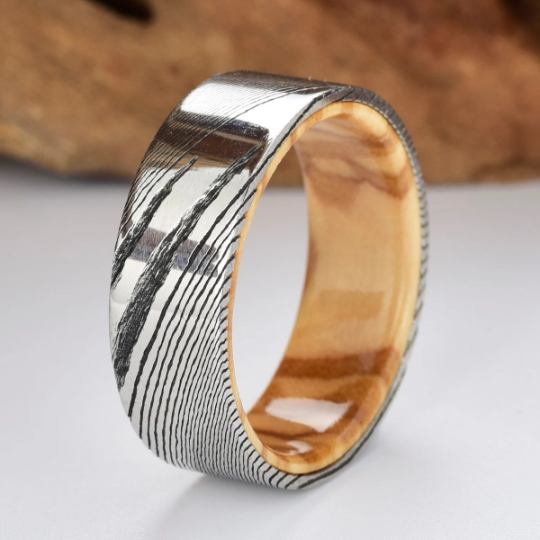 Damascus Olive Wood Men's Wedding Band 8MM - PRISTINE RINGS