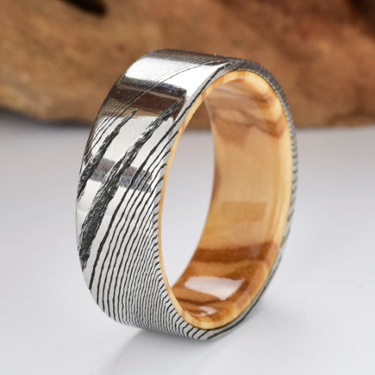 Damascus Olive Wood Men's Wedding Band 8MM