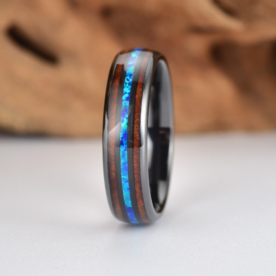 Black Ceramic Koa Wood Blue Opal Women's Wedding Band 4MM - PRISTINE RINGS