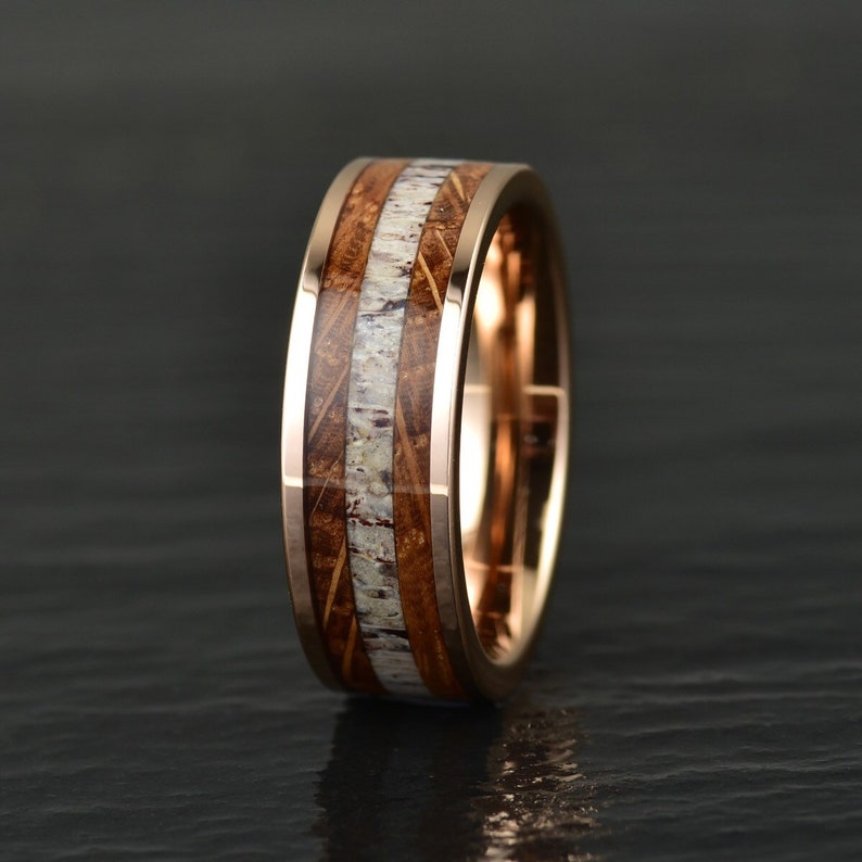 Rose Tungsten Whiskey Barrel Antler Men's Wedding Band 8MM - PRISTINE RINGS