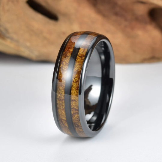 Black Ceramic Tobbaco Leaf Wood Men's Wedding Band 8MM