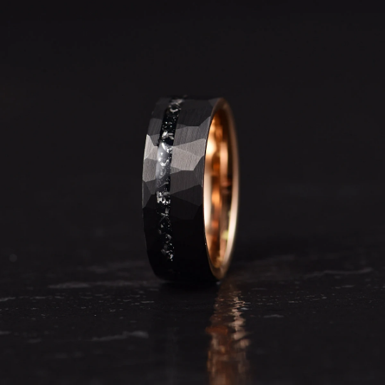 Rose Hammered Tungsten Crushed Meteorite Couples Wedding Band Set - PRISTINE RINGS