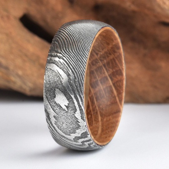 Damascus Bourbon Whiskey Barrel Men's Wedding Band 8MM - PRISTINE RINGS