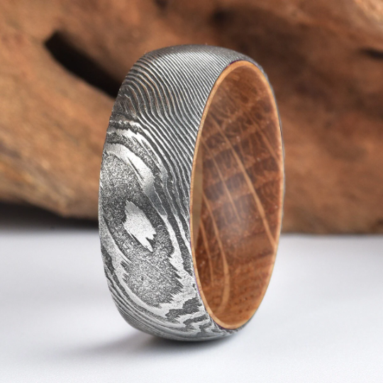 Damascus Bourbon Whiskey Barrel Men's Wedding Band 8MM