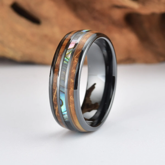 Black Ceramic Abalone Shell Whiskey Barrel Wood Men's Wedding Band 8MM - PRISTINE RINGS