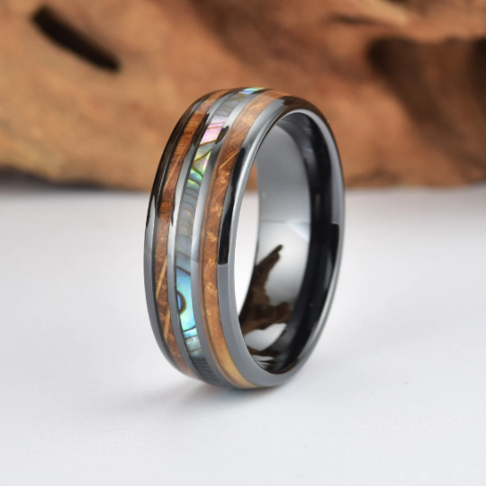 Black Ceramic Abalone Shell Whiskey Barrel Wood Men's Wedding Band 8MM