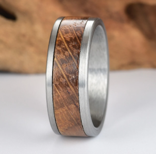 Tungsten Whiskey Barrel Wood Antique Finish Men's Wedding Band 8MM - PRISTINE RINGS