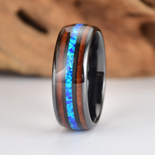Black Ceramic Koa Wood Blue Opal Men's Wedding Band 8MM - PRISTINE RINGS