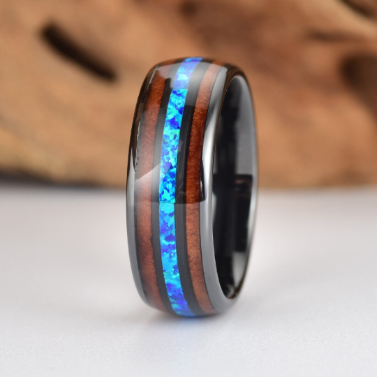 Black Ceramic Koa Wood Blue Opal Men's Wedding Band 8MM