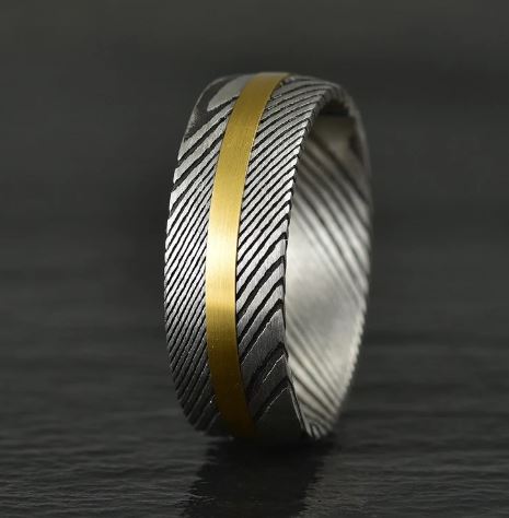Damascus Steel Yellow Inlay Men's Wedding Band 8MM - PRISTINE RINGS