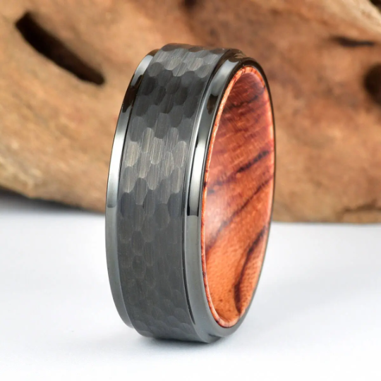 Rose Wood Hammered Black Tungsten Men's Wedding Band 8MM - PRISTINE RINGS