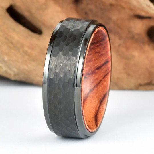 Rose Wood Hammered Black Tungsten Men's Wedding Band 8MM