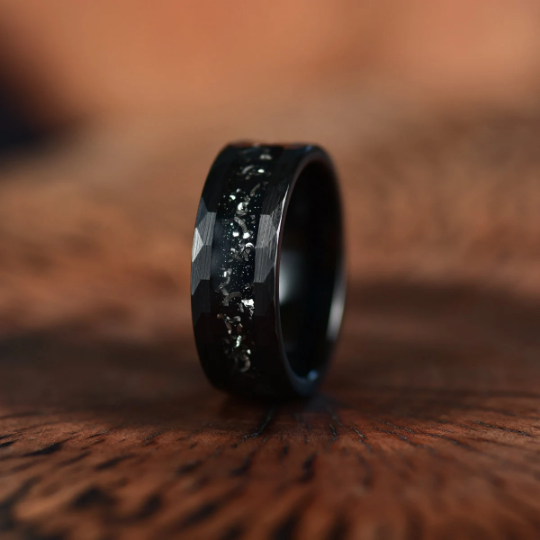 Crushed Meteorite Hammered Tungsten Men's Wedding Band 8MM - PRISTINE RINGS