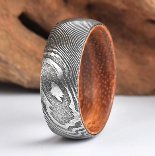 Damascus Koa Wood Men's Wedding Band 8MM - PRISTINE RINGS