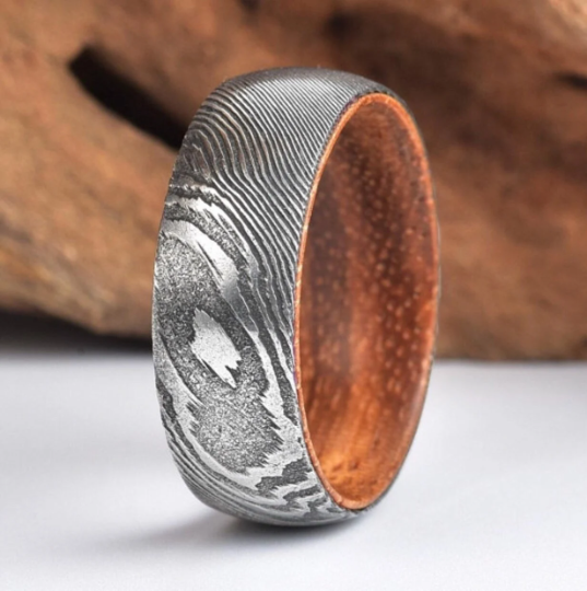 Damascus Koa Wood Men's Wedding Band 8MM