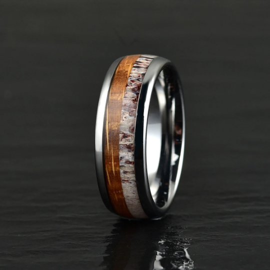 Tungsten Antler Whiskey Barrel Wood Men's Wedding Band 8MM - PRISTINE RINGS