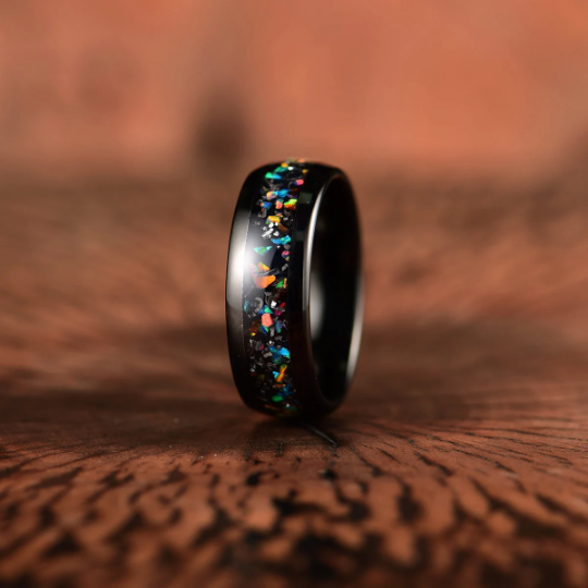 Black Tungsten Crushed Opal Rounded Men's Wedding Band 8MM - PRISTINE RINGS