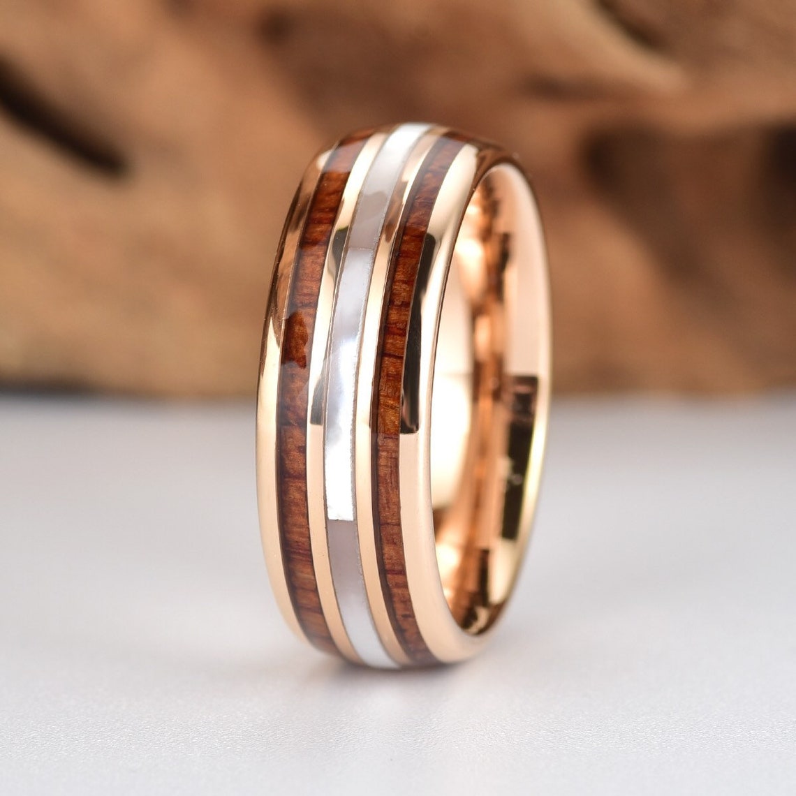Rose Tungsten Koa Wood Pearl Men's Wedding Band 8MM - PRISTINE RINGS