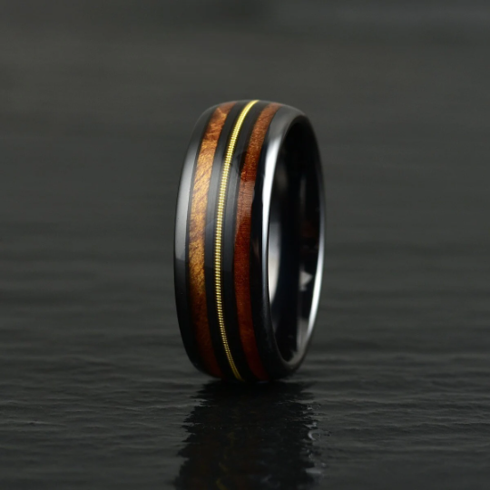 Black Ceramic Koa Wood Guitar String Men's Wedding Band 8MM - PRISTINE RINGS