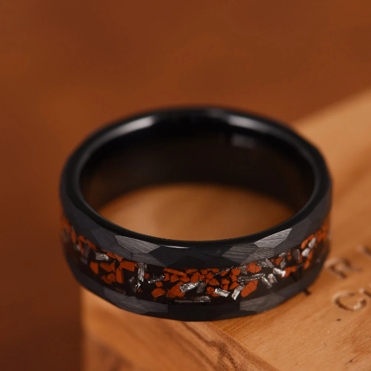 Black Hammered Tungsten Dinosaur Bone and Meteorite Men's Wedding Band 8MM - PRISTINE RINGS