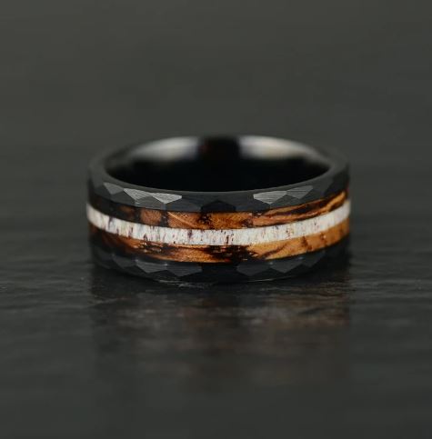 Black Hammered Tungsten Charred Whiskey Barrel Men's Wedding Band - PRISTINE RINGS