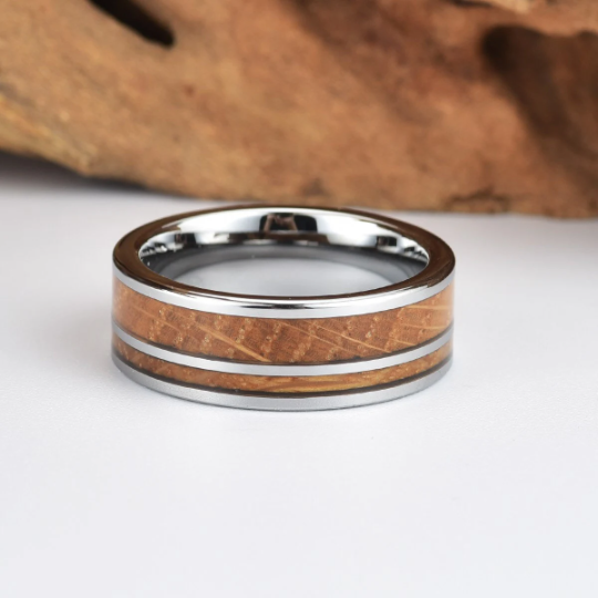 Tungsten Whiskey Barrel Wood Men's Wedding Band 8MM - PRISTINE RINGS