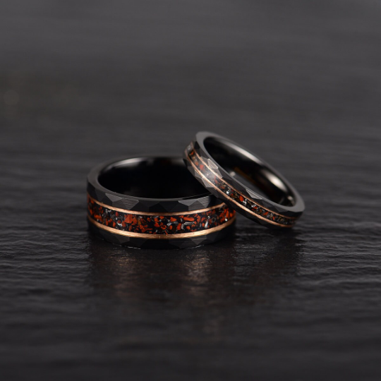 Black Hammered Tungsten Dinosaur Bone and Meteorite Men's Wedding Band 8MM - PRISTINE RINGS