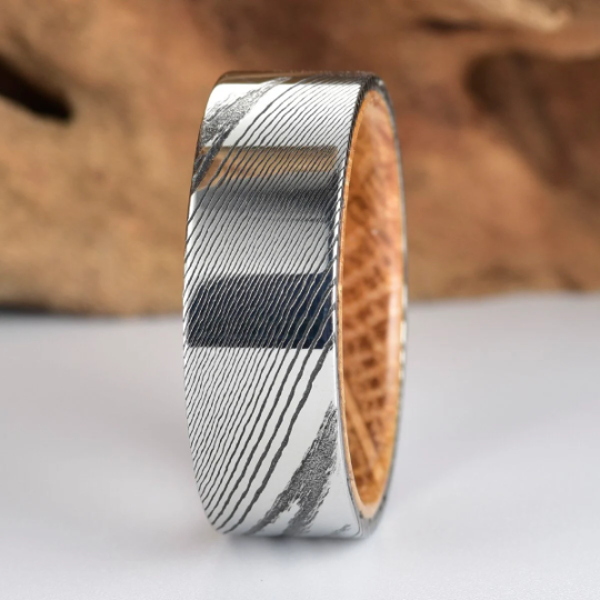 Damascus Whiskey Barrel Men's Wedding Band 8MM - PRISTINE RINGS