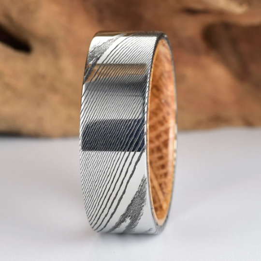 Damascus Whiskey Barrel Men's Wedding Band 8MM