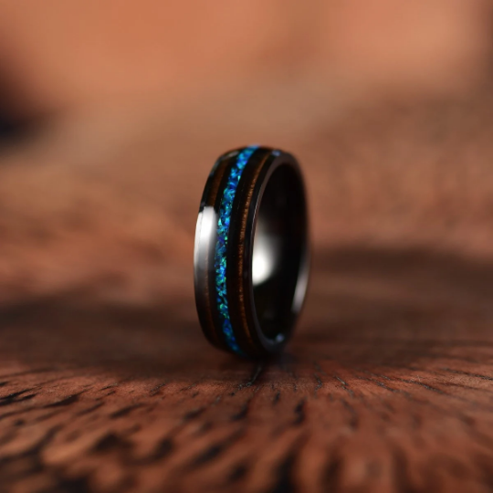 Black Tungsten Koa Wood Blue Opal Women's Wedding Band 4MM - PRISTINE RINGS