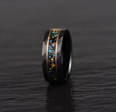 Black Hammered Tungsten Crushed Opal Men's Wedding Band 8MM