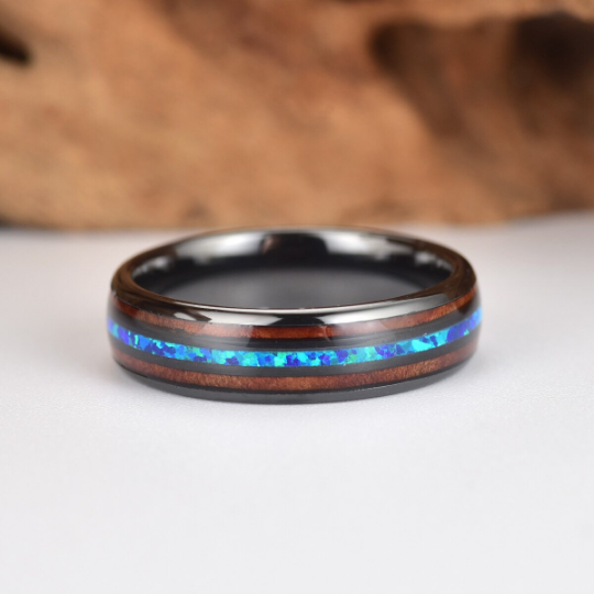 Black Ceramic Koa Wood Blue Opal Women's Wedding Band 4MM - PRISTINE RINGS