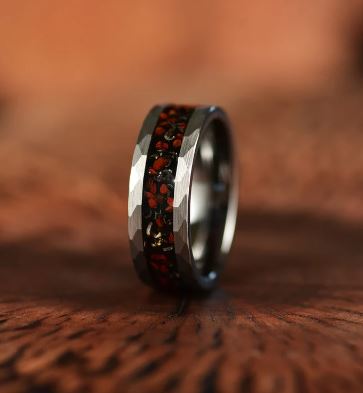 Grey Hammered Tungsten Dinosaur Bone and Meteorite Men's Wedding Band 8MM - PRISTINE RINGS