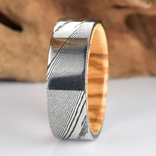 Damascus Olive Wood Men's Wedding Band 8MM - PRISTINE RINGS