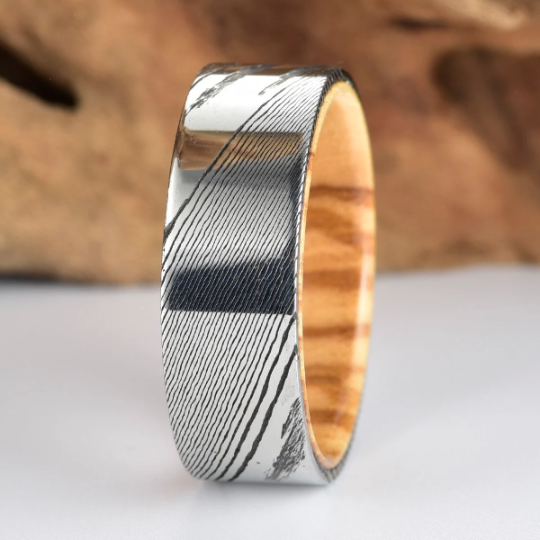 Damascus Olive Wood Men's Wedding Band 8MM